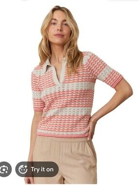 Marine Layer Spencer Open Stitch Cream and Pink Knit Polo